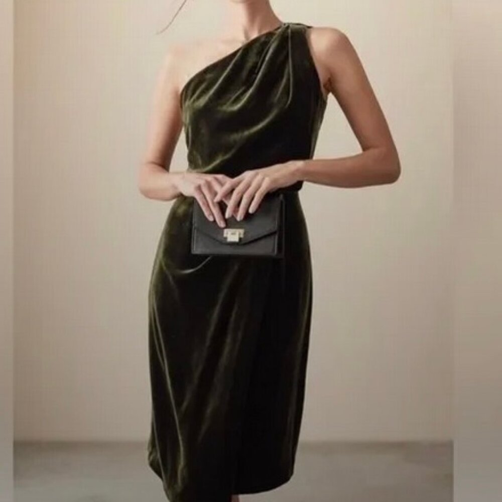 NWT Reiss EDEN Green Velvet One Shoulder Evening Cocktail Midi Dress Size 0